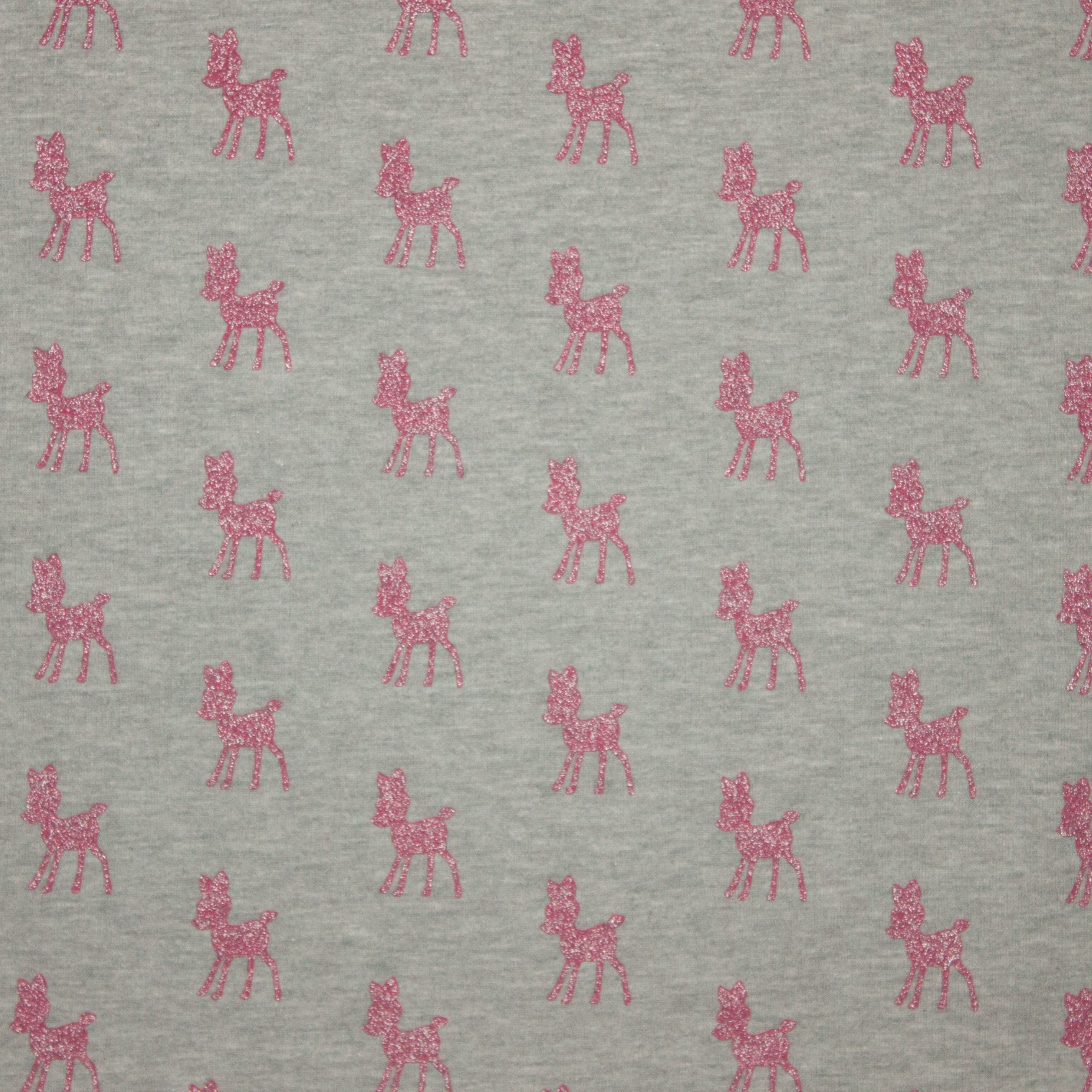 Sweaterstof lichtgrijs met bambi in roze glitter
